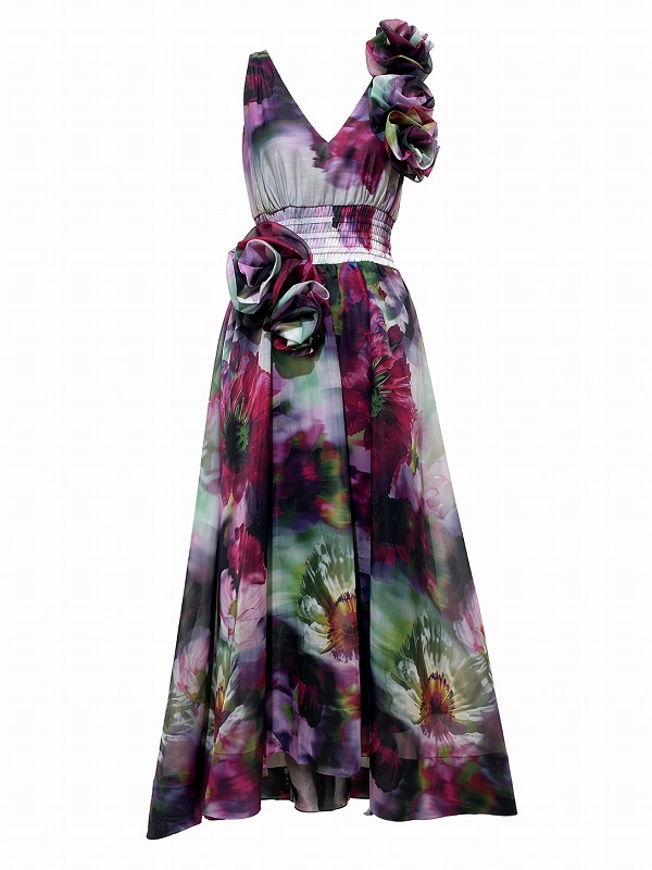 【新品DRESS 1908】ビッグフラワーモチーフ付きダークローズAラインロングドレス マルチカラー【KAREN MILLEN】
